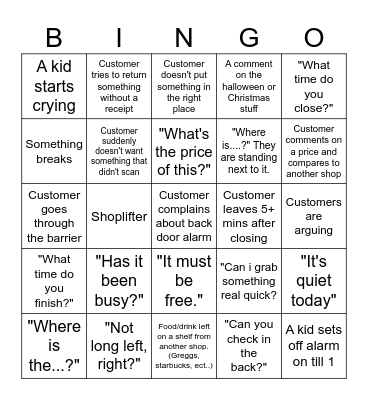 Customer bingo Card