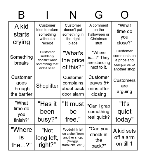 Customer bingo Card