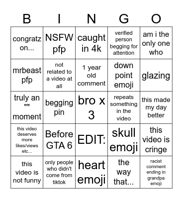 Youtube shorts Bingo Card