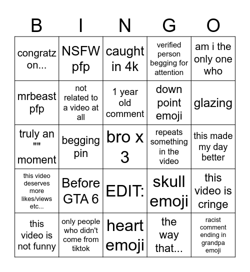 Youtube shorts Bingo Card