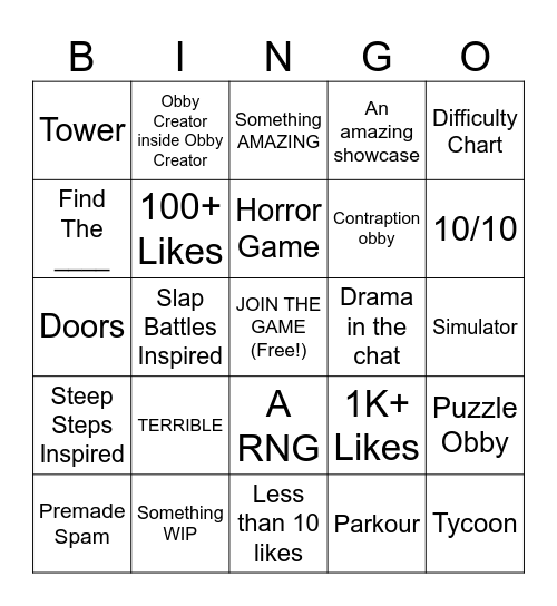 Roblox Obby Creator Bingo Card