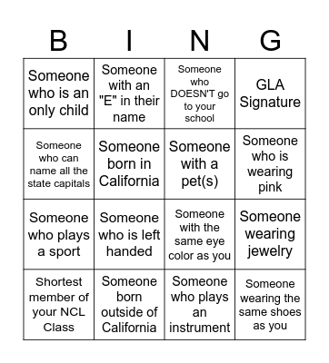 Class of 2030 NCL Personality Bingo Card