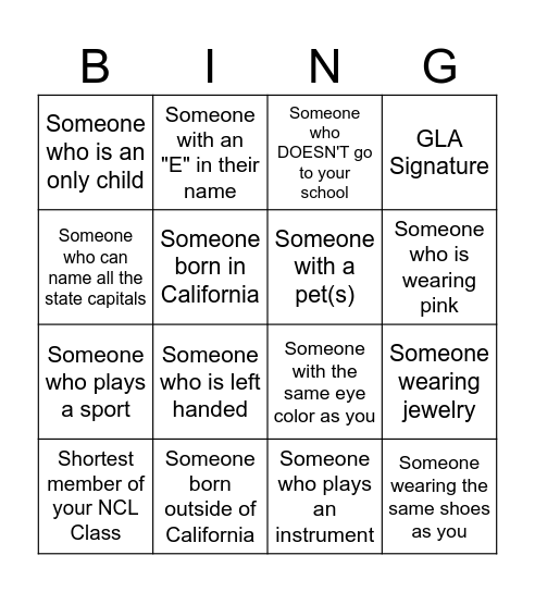 Class of 2030 NCL Personality Bingo Card