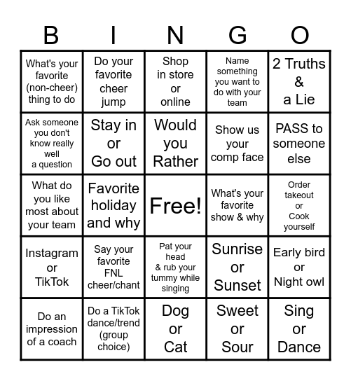 Cheer Team Bingo Card