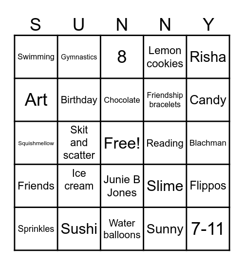 Happy Birthday Sunny! Bingo Card