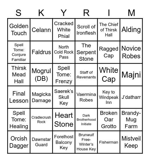 Skyrim Bingo Card