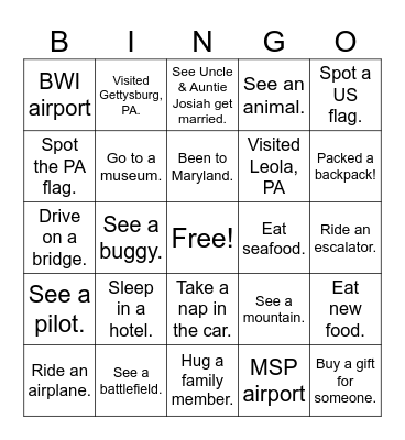 Travel Bingo Card