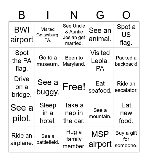 Travel Bingo Card