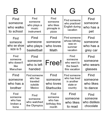 Back to school bingo Card