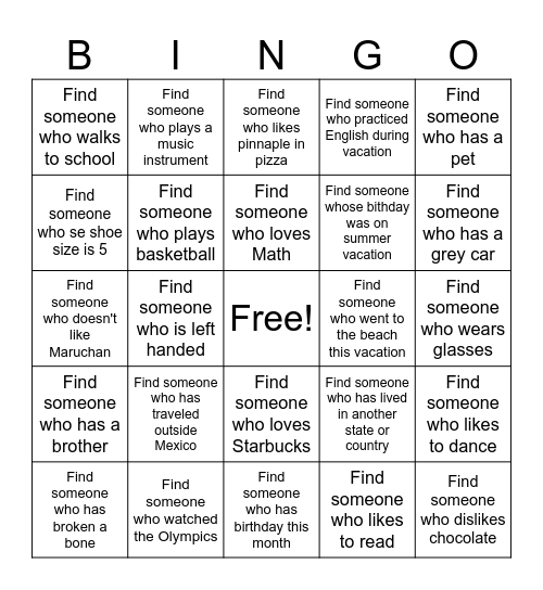 Back to school bingo Card