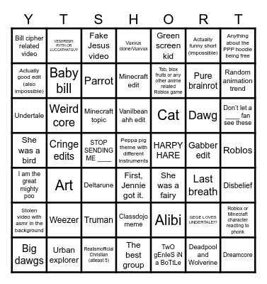 Shorts bingo Card