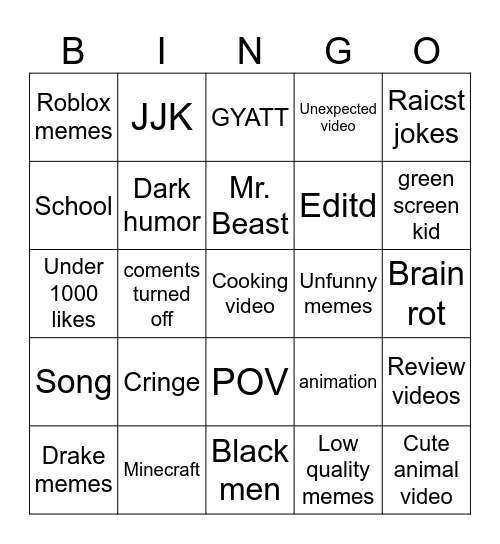 Youtube Bingo Card