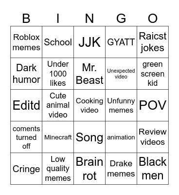 Youtube Bingo Card