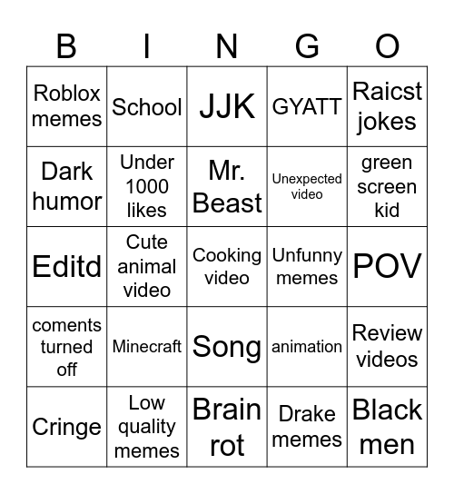 Youtube Bingo Card