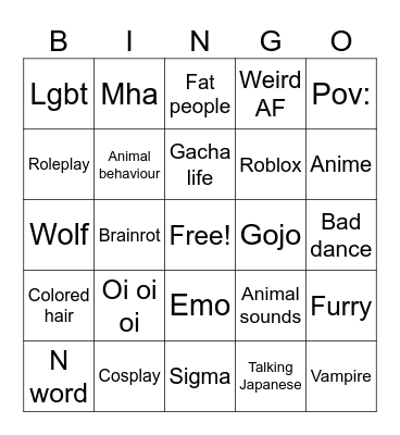 Cringe Bingo Card