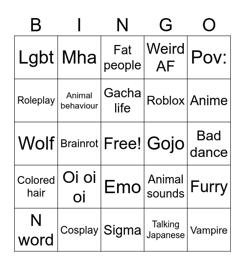 Cringe Bingo Card