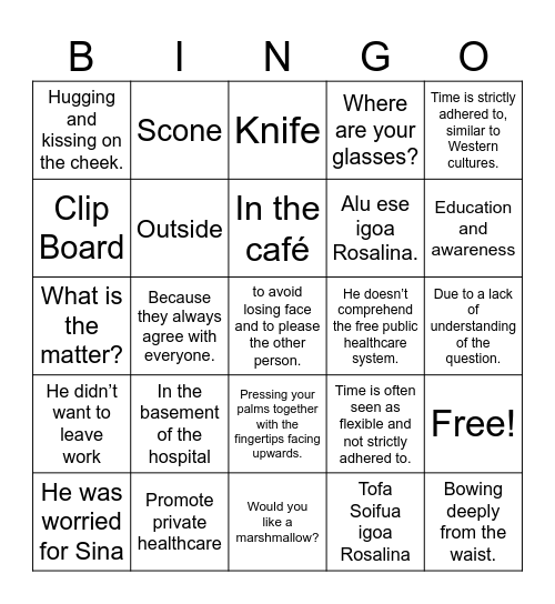 Cultural Bingo Card