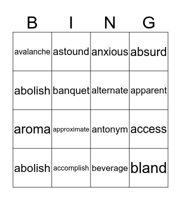 Vocabulary 1 Bingo Card