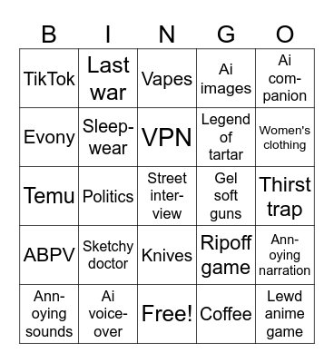 YouTube ads Bingo Card