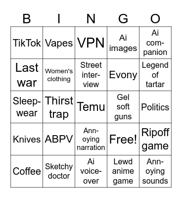 YouTube ads Bingo Card