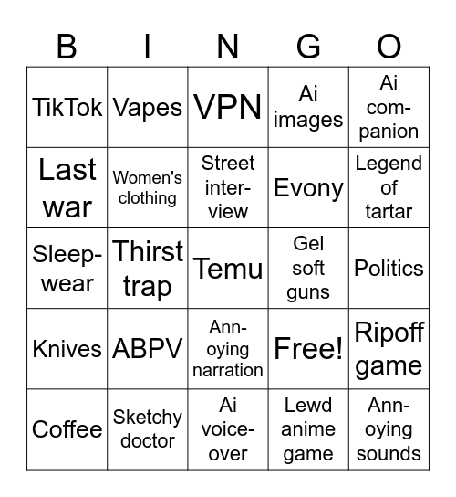 YouTube ads Bingo Card