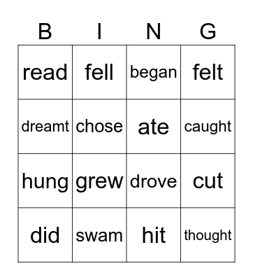 Irregular Verbs in Past Bingo Card