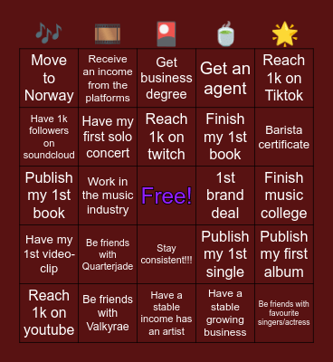 Sookie's career GOALS Card Bingo Card