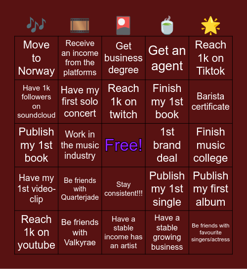 Sookie's career GOALS Card Bingo Card