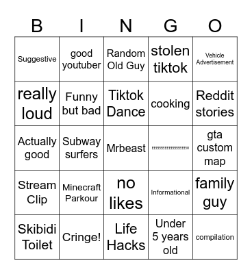 Youtube Shorts Bingo Card
