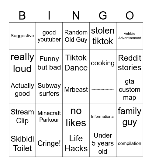 Youtube Shorts Bingo Card