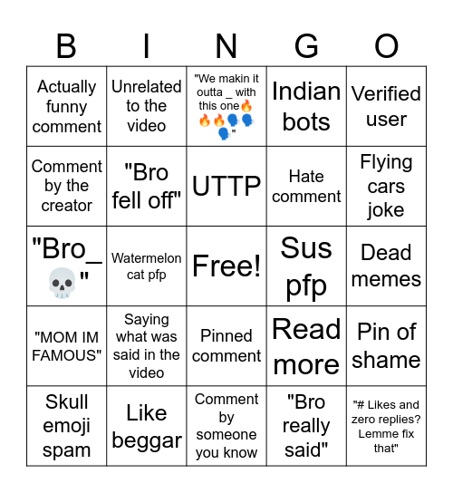 Comments bingo Card