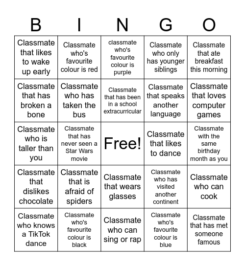 Confirmation Classmate Bingo Card