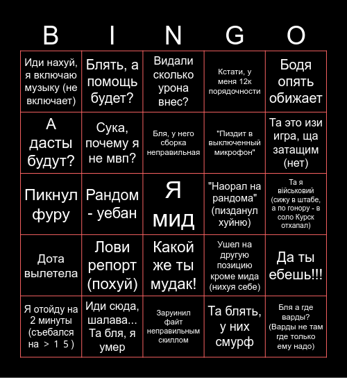 Коряк Бинго Bingo Card