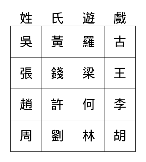 姓氏 Bingo Card