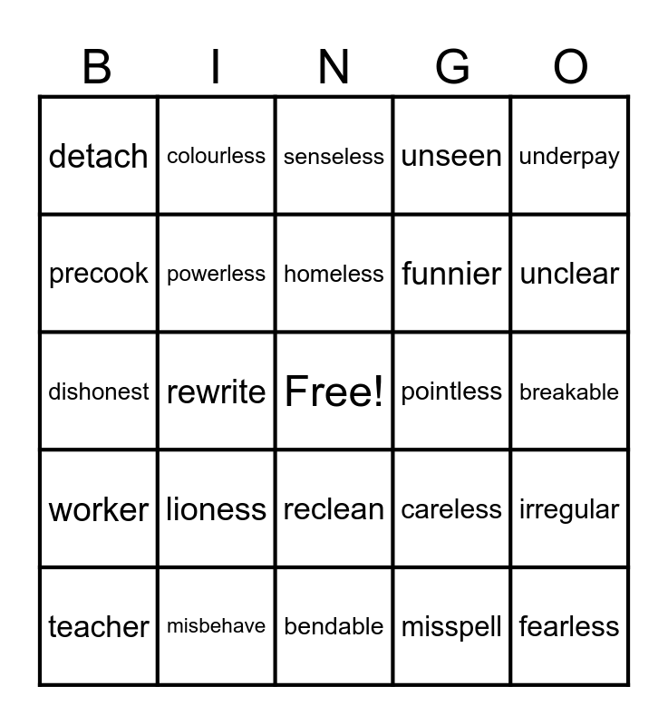 Prefixes and Suffixes Bingo Card