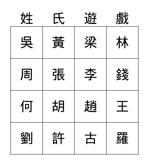 姓氏 Bingo Card