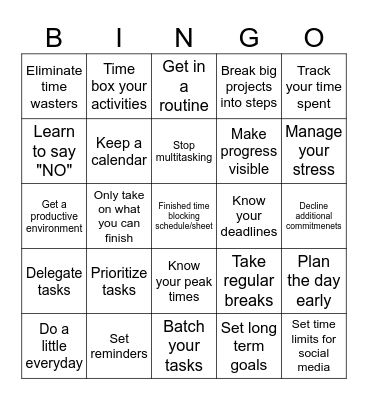 Time Management Bingo Card