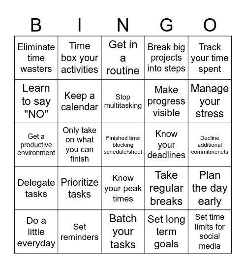 Time Management Bingo Card