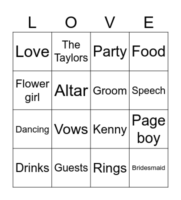 The Taylor Wedding Bingo Card