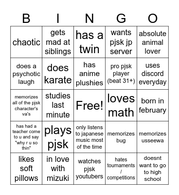 hehehehehehehhehe Bingo Card
