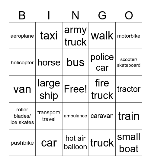 TRANSPORT/TRAVEL Bingo Card