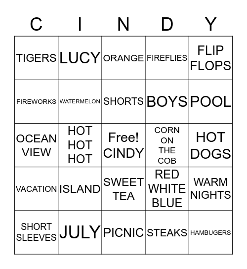 CINDY'S BIRTHDAY Bingo Card
