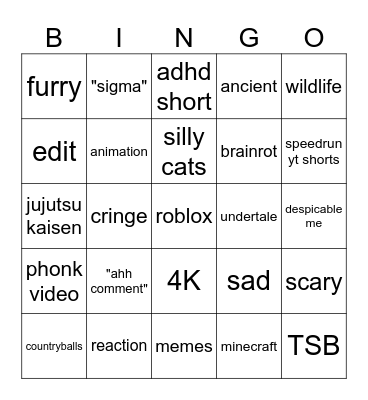 YT shorts bingo Card