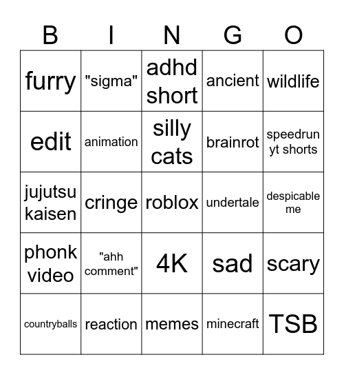 YT shorts bingo Card