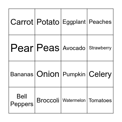 Fruit & Vegetable Bingo Card