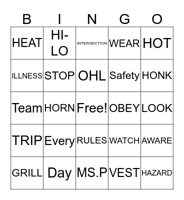 Safety Bingo Card