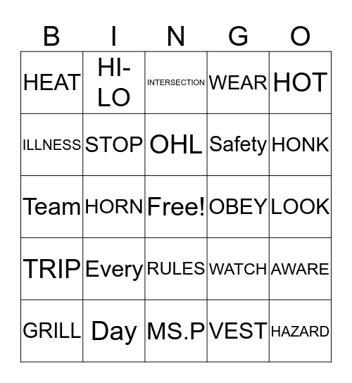 Safety Bingo Card