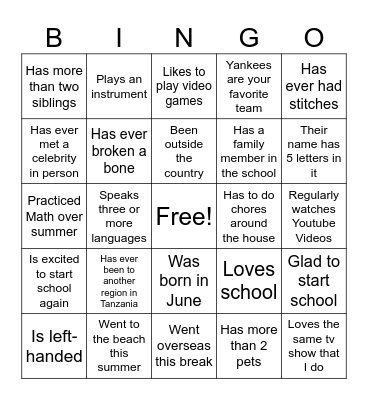 First Day of School Bingo Card