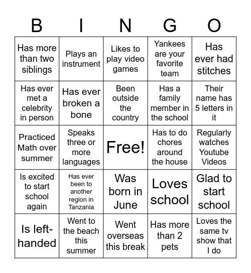 First Day of School Bingo Card