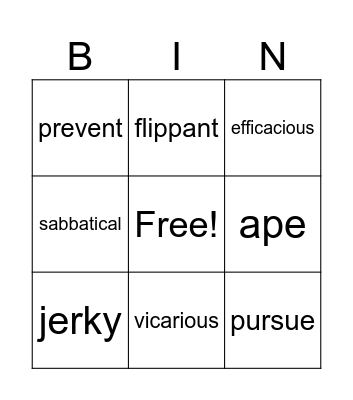 Vocabulary Aug. 26 - Sept. 1 Bingo Card